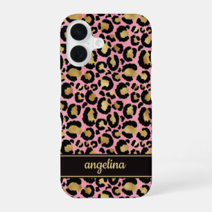 Coque iPhone 16 Feuille d'or sur monogramme imprimé léopard rose