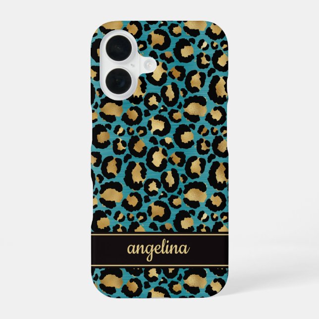 Coque iPhone 16 Feuille d'Or sur Monogramme Imprimé Léopard Sarcel (Verso)