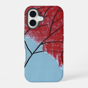 Coque iPhone 16 Feuilles d'arbre rouges abstraites sur fond bleu