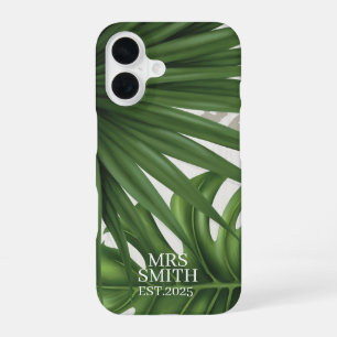 Coque iPhone 16 Feuilles tropicaux personnalisés Nom et année pers
