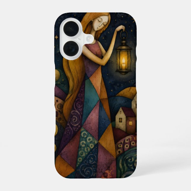 COQUE iPhone 16 FILLE À LA LANTERNE SOUS UN CIEL ÉTOILÉ BLEU (Verso)