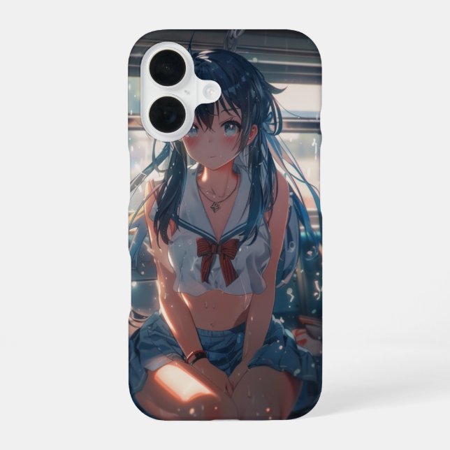 Coque iPhone 16 Fille d'anime dans un train (Verso)