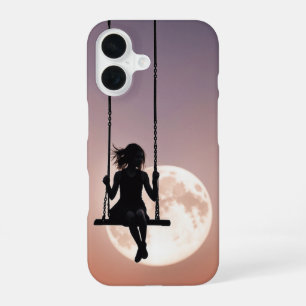 Coque iPhone 16 Fille sur une balançoire silhouette sur une lune