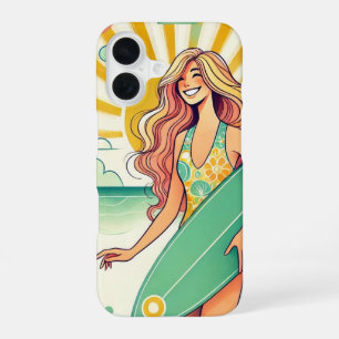 Coque iPhone 16 Fille surfeuse fantaisiste avec une planche de sur