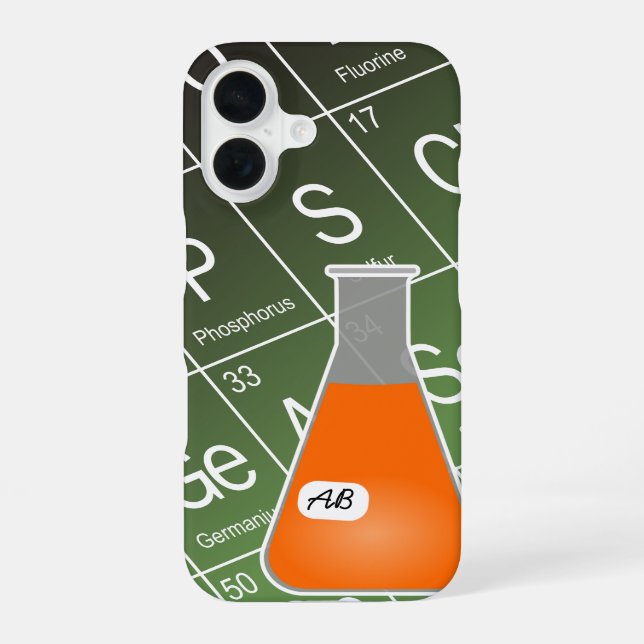 Coque iPhone 16 Fiole d'Erlenmeyer orange (avec initiales) Chimie (Verso)