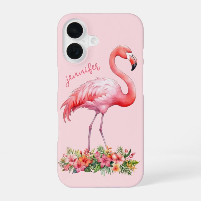 Coque iPhone 16 Flamant rose avec fleurs tropicales (Verso)