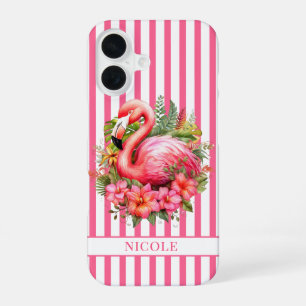 Coque iPhone 16 Flamant rose avec fleurs tropicales sur rayures