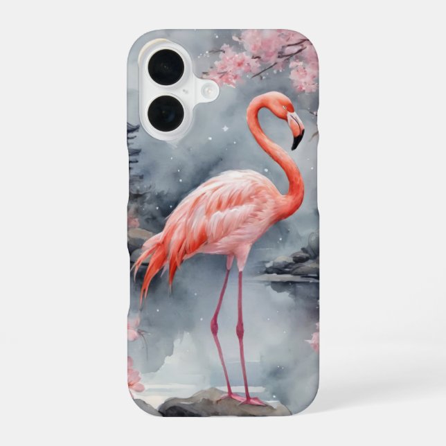 Coque iPhone 16 Flamant rose sur couverture d'éclaboussure d'encre (Verso)