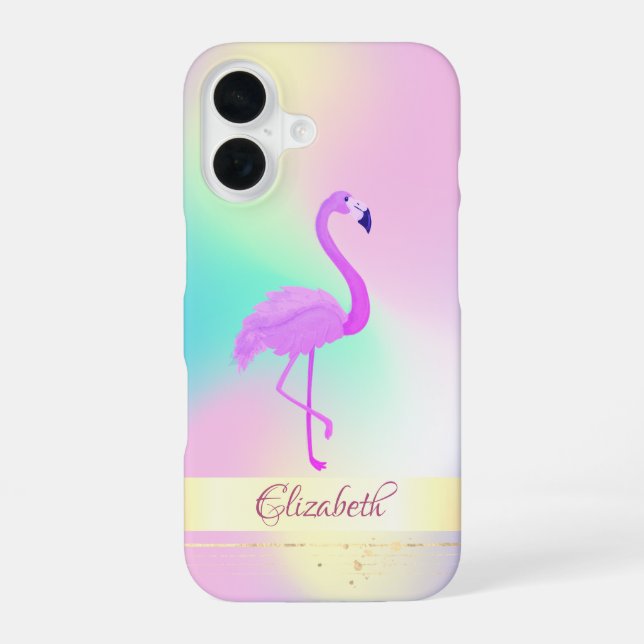 Coque iPhone 16 Flamingo Rose Holographique Ombré (Verso)