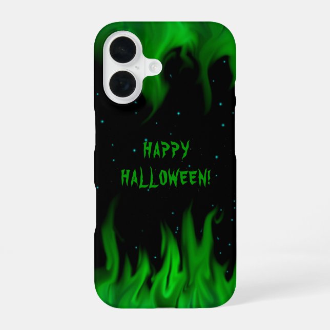 Coque iPhone 16 Flammes Vertes dans le Ciel Étoilé (Verso)