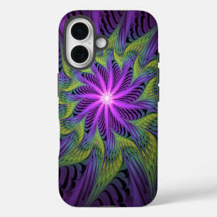 Coque iPhone 16 Fleur Abstraite Moderne de Fractale d'Art en Viole