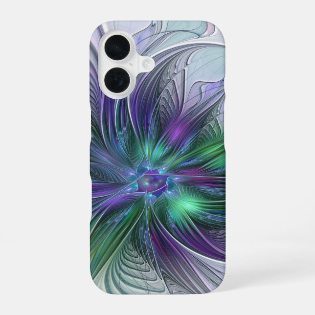 Coque iPhone 16 Fleur Abstraite Moderne Fractale Verte Violette (Verso)