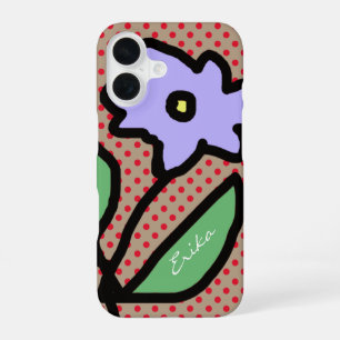 Coque iPhone 16 fleur bleue, points & nom