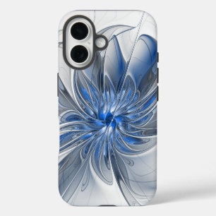 Coque iPhone 16 Fleur d'art fractal à l'aquarelle bleue grise abst