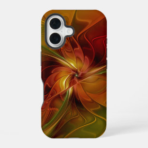 Coque iPhone 16 Fleur d'art fractal abstraite rouge orange marron