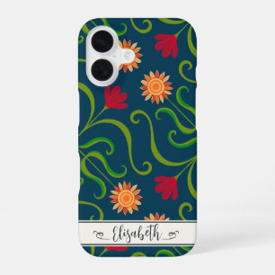 Coque iPhone 16 Fleur de Damas Fleur de Tournesol Bohème Bleu Mari