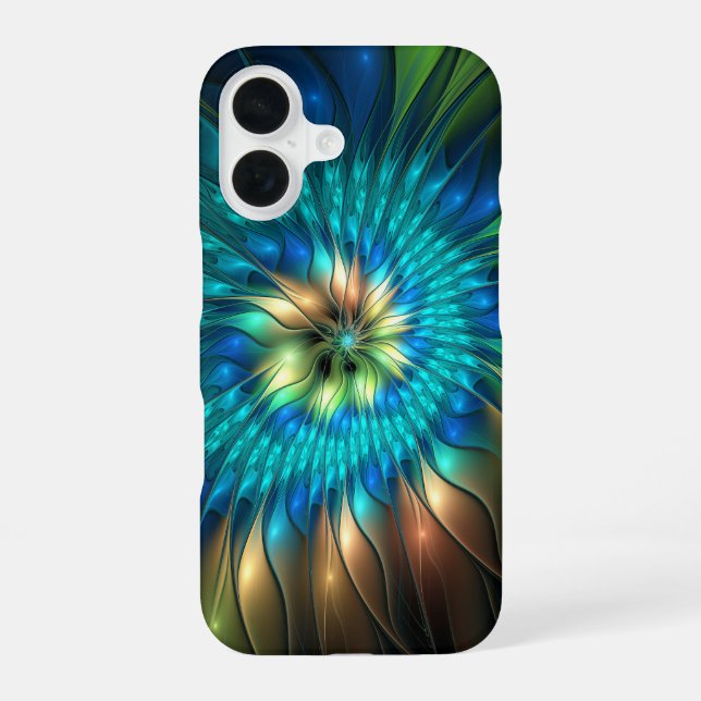 Coque iPhone 16 Fleur de fantaisie lumineuse, fractale abstraite c (Verso)