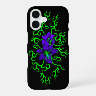 Coque iPhone 16 Fleur de lys violette sur fond noir