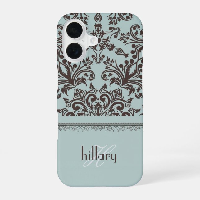 Coque iPhone 16 Fleur de monogramme en damas (Verso)