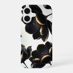 Coque iPhone 16 Fleur de Noir et Or Greige Élégant Sombre Humeur