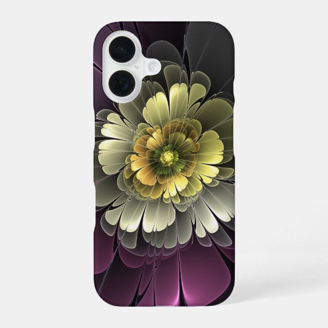 Coque iPhone 16 Fleur fractale grise et pourpre moderne abstraite (Verso)