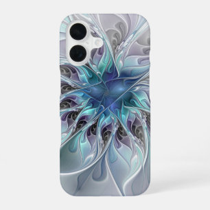 Coque iPhone 16 Fleur fractale moderne abstraite avec du bleu