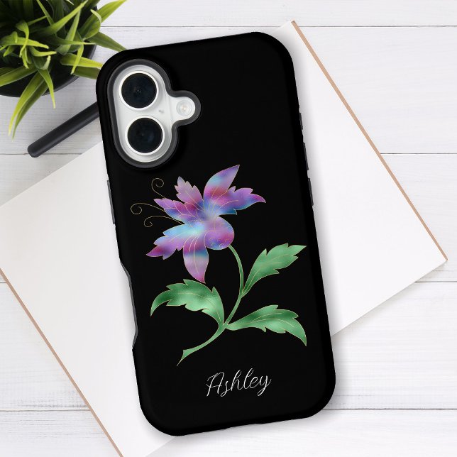 Coque iPhone 16 Fleur Iridescente grande, Nom de script sur noir (Créateur téléchargé)