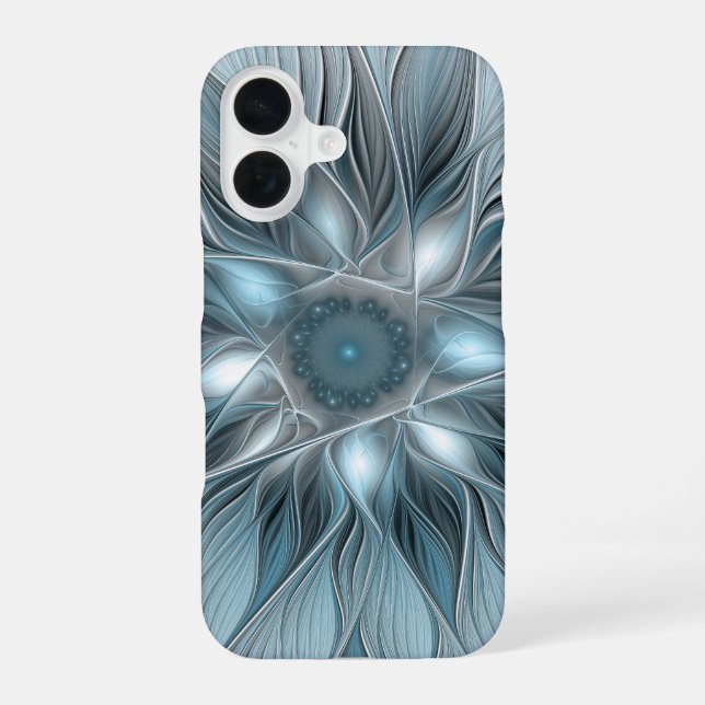 Coque iPhone 16 Fleur Joyeuse Abstrait gris bleu floral Fractal (Verso)