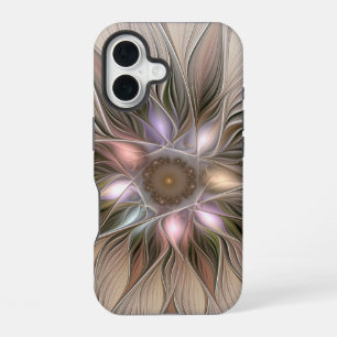 Coque iPhone 16 Fleur joyeuse abstraite beige marron floral fracta