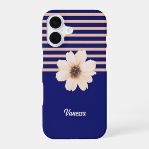 Coque iPhone 16 Fleur Moderne Bleue Pêche