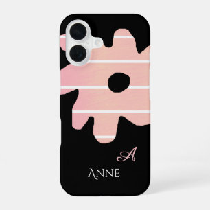 Coque iPhone 16 fleur rose striée avec nom et initiale
