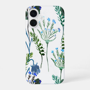 Coque iPhone 16 Fleur sauvage aquarelle bleu vert