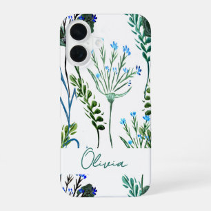Coque iPhone 16 Fleur sauvage aquarelle bleu vert