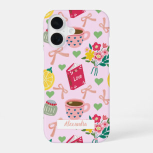 Coque iPhone 16 Fleurs à ruban rose dessinées à la main motif citr