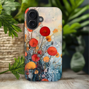 Coque iPhone 16 Fleurs Abstraites Modernes Nom Personnalisé