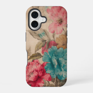 Coque iPhone 16 Fleurs aquarelles roses rouges bleues vintage