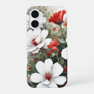 Coque iPhone 16 Fleurs blanches et rouges Elégante aquarelle