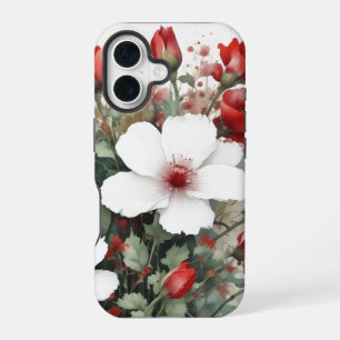Coque iPhone 16 Fleurs blanches et rouges Elégante aquarelle