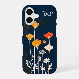 Coque iPhone 16 Fleurs colorées et minimalistes sur fond bleu fonc