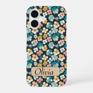 Coque iPhone 16 Fleurs Cottagecore Vintage en Bleu et Jaune