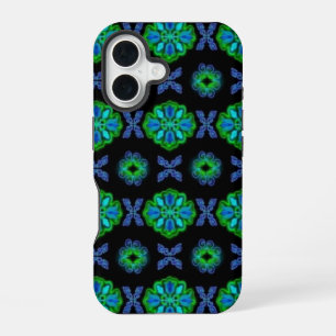 Coque iPhone 16 Fleurs dans l'art déco rétrolook vert et bleu