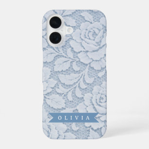 Coque iPhone 16 Fleurs de dentelle bleue personnalisées Élégant Ro