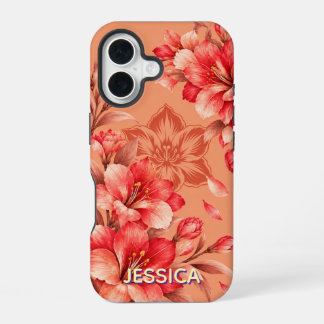 Coque iPhone 16 Fleurs de lys corail élégantes personnalisées
