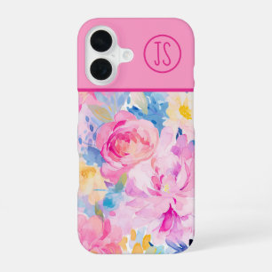 Coque iPhone 16 Fleurs de monogramme aquarelle rose et bleu