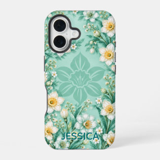 Coque iPhone 16 Fleurs de Narcisse Menthe Élégantes Personnalisées
