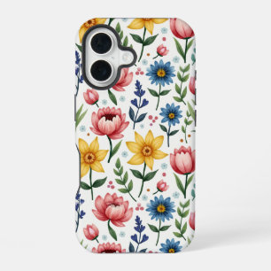 Coque iPhone 16 Fleurs de printemps bleues roses et jaunes