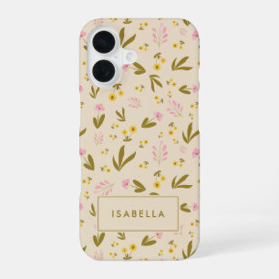 Coque iPhone 16 Fleurs de printemps rose vert floral nom personnal