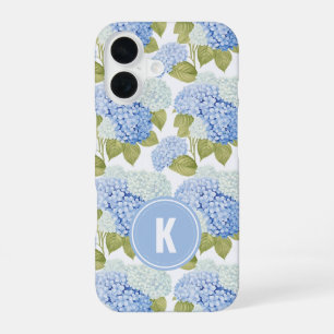 Coque iPhone 16 Fleurs d'hydrangea bleues élégantes à motif monogr