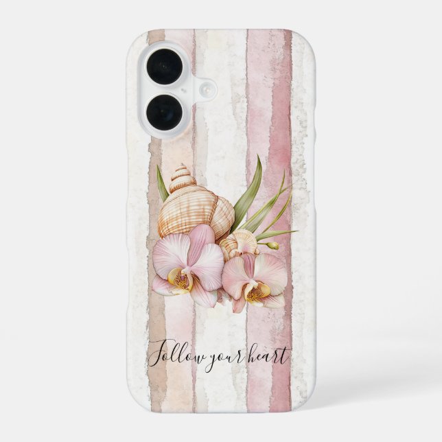 Coque iPhone 16 Fleurs d'orchidée à rayures crème blush rose (Verso)