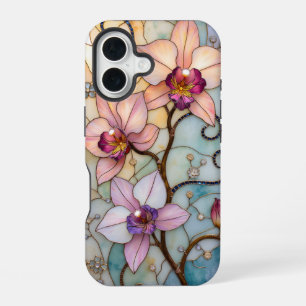 Coque iPhone 16 Fleurs d'Orchidée en Vitrail